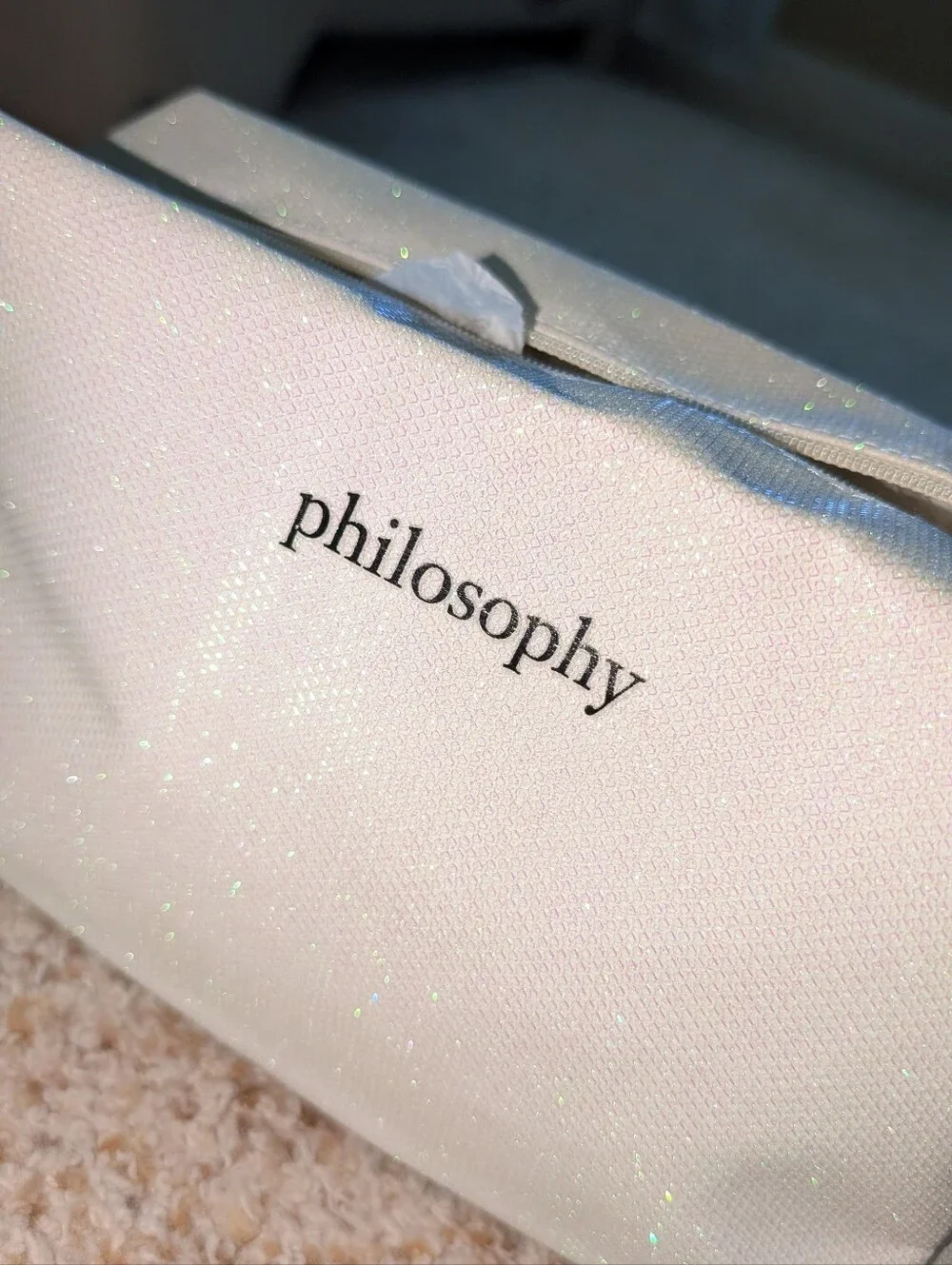 NEW small white iridescent shimmer Philosophy cosmetic bag